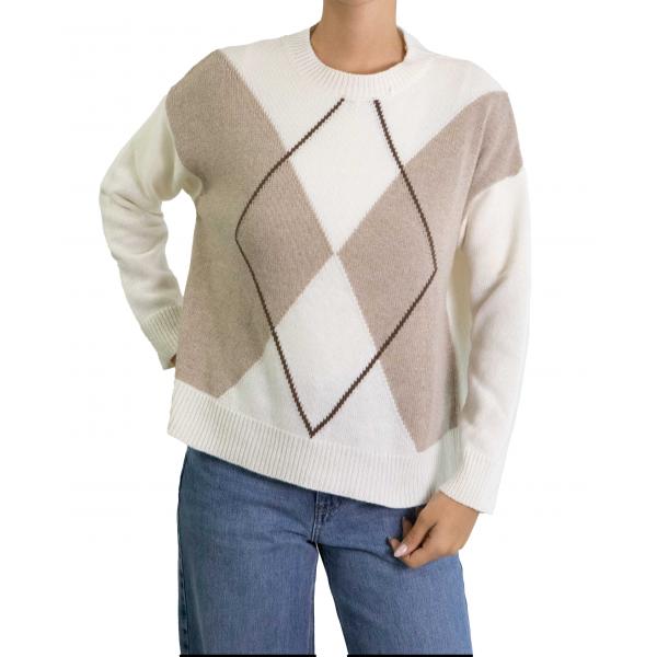 Maglione con rombi bicolore girocollo misto cashmere